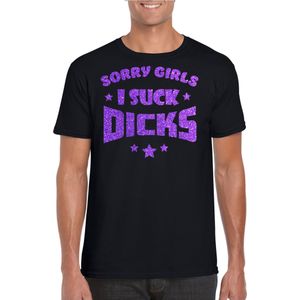 Gay Pride T-shirt voor heren - sorry girls i suck dicks - zwart - glitter paars - LHBTI - Feestshirts