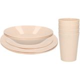 Setje van 12x diner/ontbijt bekers/3 soorten bordjes van afbreekbaar bio-plastic in het eco-beige - Campingborden