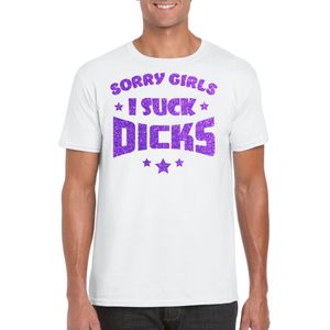 Gay Pride T-shirt voor heren - sorry girls i suck dicks - wit - glitter paars - LHBTI - Feestshirts