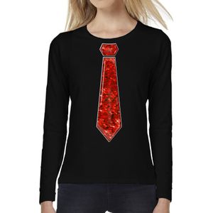 Verkleed shirt voor dames - stropdas pailletten rood - zwart - carnaval - foute party - longsleeve - Feestshirts
