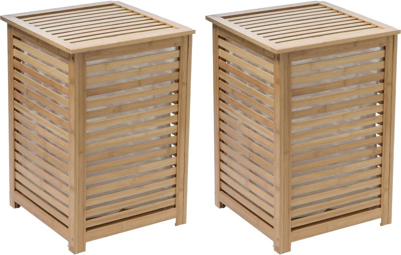 5Five Wasmand Bamboe - 2x - Met waszak - 50 liter - 40 x 38 x 58 cm - met deksel