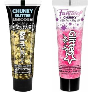 Paintglow Chunky Glittergel voor lichaam en gezicht - 2 tubes - goud en lichtroze - 12 ml - Schmink