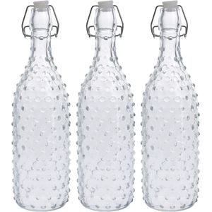 3x Glazen flessen transparant stippen met beugeldop 1000 ml - Drinkflessen