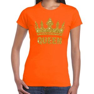 Oranje Koningsdag Queen shirt met gouden glitters en kroon dames - Feestshirts