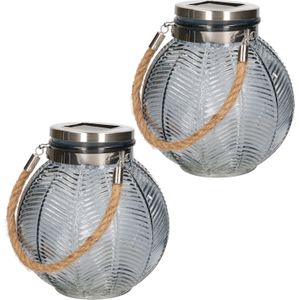 2x stuks grijze solar lantaarn van gestreept glas rond 16 cm - Lantaarns