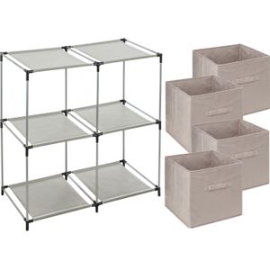 5Five Kastmandjes/opberg manden - beige - 4x stuks van 29 Liter - Metalen rekje is 67 x 68 cm