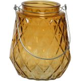 Theelichthouders/waxinelichthouders ruitjes glas cognac/oranje met metalen handvat 11 x 13 cm - Waxinelichtjeshouders
