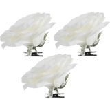 6x Kerstboomversiering bloemen op clip witte besneeuwde roos 15 cm - witte kerstversieringen