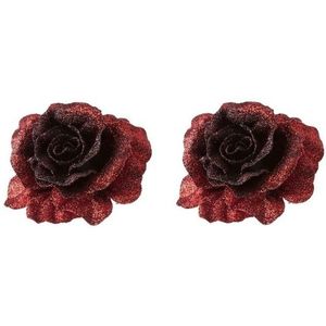 2x Kerstbloemen versiering rode glitter roos op clip 10 cm - Kersthangers