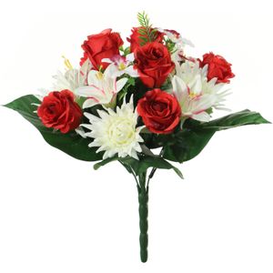 Kunstbloemen boeket roos/orchidee/chrysant - rood/wit - H36 cm - Bloemstuk - Bladgroen - Kunstbloemen