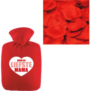 Liefste mama warmwaterkruik rood 2 liter fleece hoes en rozenblaadjes - Kruiken