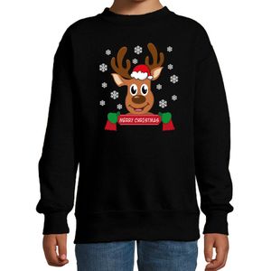 Kersttrui/sweater voor kinderen - Merry Christmas - rendier - zwart - kerst truien kind