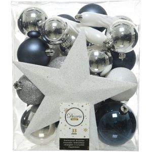33x Blauwe/witte/zilveren kerstballen 5-6-8 cm glanzende/matte/glitter kunststof/plastic kerstversiering - Kerstbal