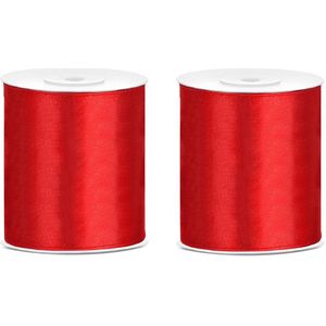 2x Hobby/decoratie rood satijnen sierlinten 10 cm/100 mm x 25 meter - Cadeaulinten