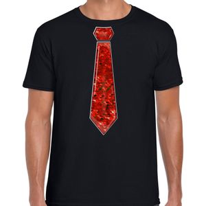 Verkleed t-shirt voor heren - stropdas rood - pailletten - zwart - carnaval - foute party - Feestshirts