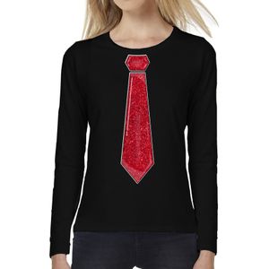 Verkleed shirt voor dames - stropdas rood - zwart - carnaval - foute party - longsleeve - Feestshirts