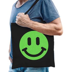 Cadeau tas voor heren - glitter smiley - zwart - katoen - 42 x 38 cm - Vaderdag - verjaardag - Feest Boodschappentassen