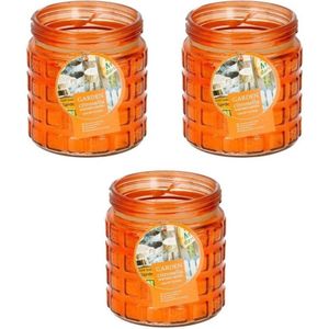 3x citronella kaarsen -  in glazen pot - 12 cm - oranje - buiten - geurkaarsen