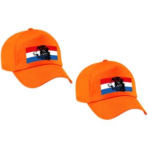 2x stuks Holland supporter pet / cap met de oranje leeuw en Nederlandse vlag - Ek / Wk voor kinderen - Verkleedhoofddeksels