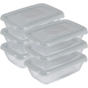Vershoudbakjes Hega - set van 6x stuks - 0.9 liter - transparant/grijs - L20 x B12 x H8 cm - Vershoudbakjes
