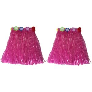 Hawaii thema verkleed rokje - 2x - raffia - roze - 40 cm - volwassenen - Carnavalskostuums