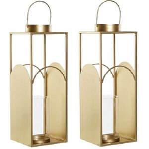 Set van 2x Stuks Metalen Kaarsenhouders / Lantaarns Goud met Glas 45 cm - Waxinelichtjeshouder