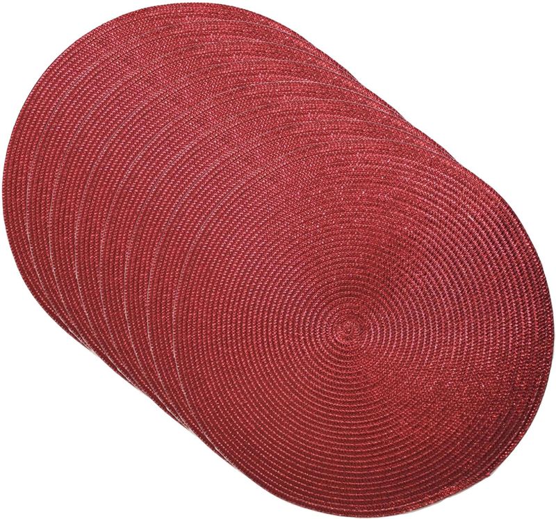 Set van 12x stuks ronde Placemats metallic kerst rood look diameter 38 cm - Placemats