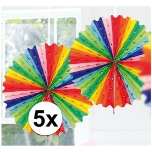 5x Decoratie waaiers regenboog kleuren - Hangdecoratie