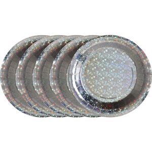 Feest wegwerpbordjes - glitter - 50x stuks - 23 cm - zilver - Feestbordjes