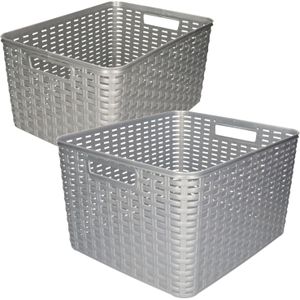 Set van 5x stuks opbergboxen/opbergmandjes rotan zilver kunststof met inhoud 18 en 28 liter