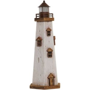 Maritieme decoraties beeldje Vuurtoren - Hout - 16 x 41 cm - wit/hout - met LED lampje - Beeldjes