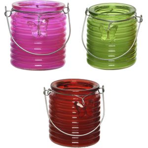 Citronella kaars - 3x - in windlicht - roze/groen en rood - 20 branduren - citrusgeur - geurkaarsen