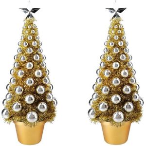 2x stuks complete mini kunst kerstboompje/kunstboompje goud/zilver met kerstballen 50 cm - Kunstkerstboom
