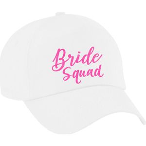 Vrijgezellenfeest pet voor dames - Bride Squad - wit - roze glitters - bruiloft/trouwen - Verkleedhoofddeksels