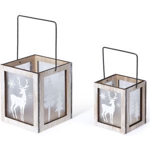 Kerst lantaarn - rendieren print - set van 2x - 8.5 en 11 cm - windlichtenÂ  - Kerstbeeldjes