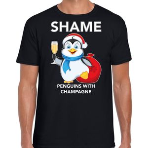 Pinguin Kerst t-shirt / outfit Shame penguins with champagne zwart voor heren - kerst t-shirts