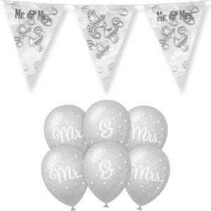 Paperdreams Mr/Mrs huwelijks feest set - Ballonnen &amp; vlaggenlijnen - 13x stuks - Vlaggenlijnen