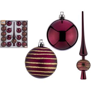 Kerstballen 6 cm - met piek - 19-delig - wijn rood/bordeaux - kunststof - Kerstbal
