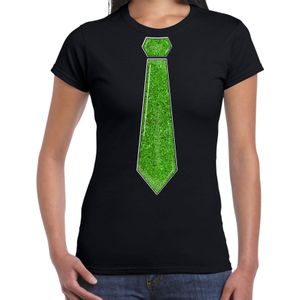 Verkleed t-shirt voor dames - stropdas glitter groen - zwart - carnaval - foute party - Feestshirts