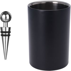 Wijnfles koeler/wijnkoeler zwart inclusief vacuum op RVS D12 x H18 cm - IJsemmers