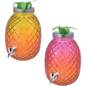 Set van 2x stuks glazen drank dispensers ananas roze/oranje en geel/oranje 4,7 liter - Drankdispensers