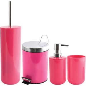 Toiletborstel in houder/zeeppompje/pedaalemmer set Moods - kunststof - fuchsia roze - Badkameraccessoireset