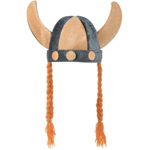 Carnaval verkleed Viking helm - grijs/oranje - met hoorns - polyester - heren - met vlechten - Verkleedhoofddeksels