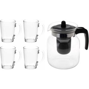 Glazen theepot zwart met filter van 1,5 liter met 10x stuks theeglazen Luminarc van 320 ml - Theepotten