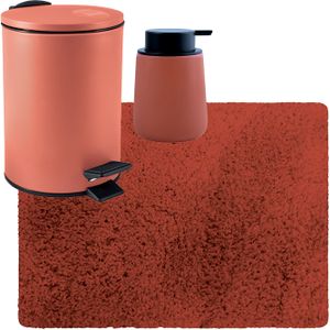 MSV badkamer droogloop tapijt langharig 50x70 cm - pedaalemmer 3L  - zeeppompje 300 ml - terracotta - Badmatjes