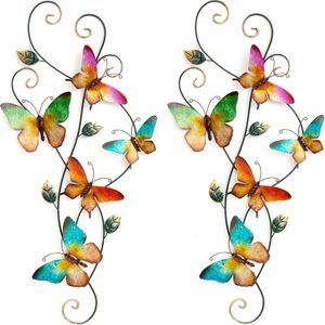 Wanddecoratie vlinders - 2x - gekleurd - 35 x 68 cm - metaal - muurdecoratie - Tuinbeelden