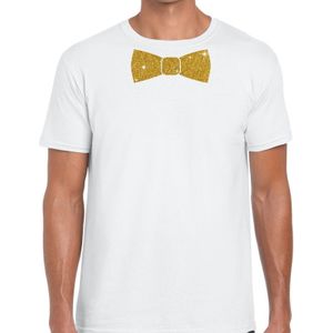 Wit fun t-shirt met vlinderdas in glitter goud heren - Feestshirts