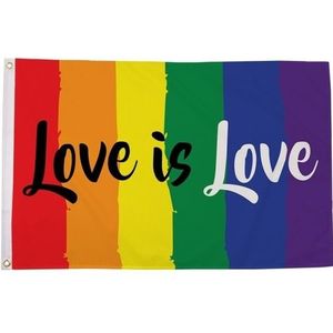 Feestartikelen Amsterdam pride vlag 90 x 150 cm Love is Love regenboog verticale strepen - Vlaggen