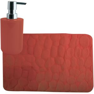 MSV badkamer droogloop mat/tapijt Kiezel motief - 50 x 80 cm - zelfde kleur zeeppompje 260 ml - terracotta