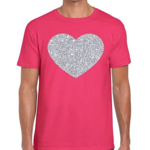Zilver hart glitter fun t-shirt roze heren - Feestshirts